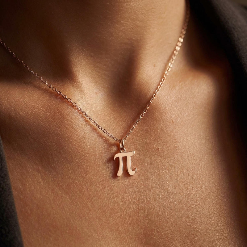 Small gold pi symbol pendant hanging from a fine cable chain (10 of 10)