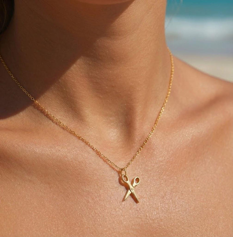 Fine gold necklace with a flat open scissors pendant (2 of 10)