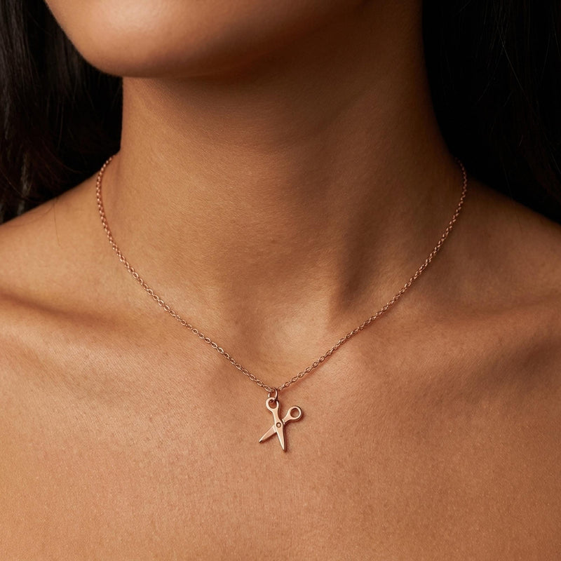 Fine gold necklace with a flat open scissors pendant (3 of 10)