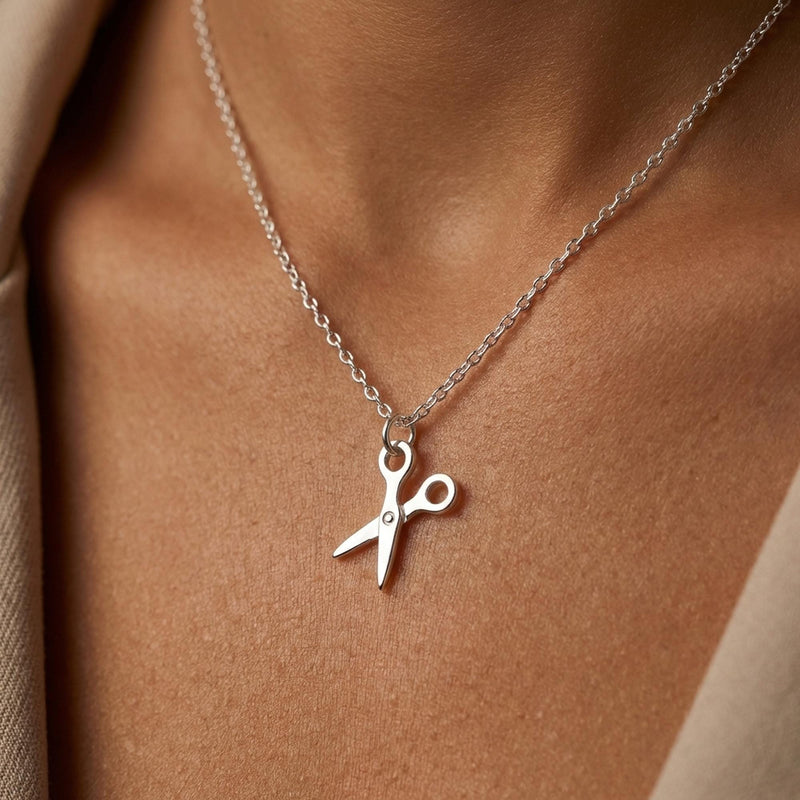 Fine gold necklace with a flat open scissors pendant (4 of 10)