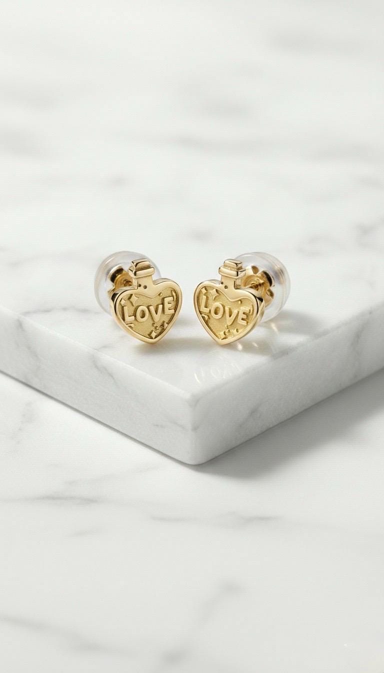 Pair of tiny gold love potion bottle stud earrings with heart labels, white background. (3 of 6)