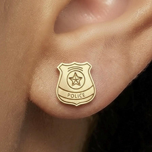 Pair of small gold police shield badge stud earrings
