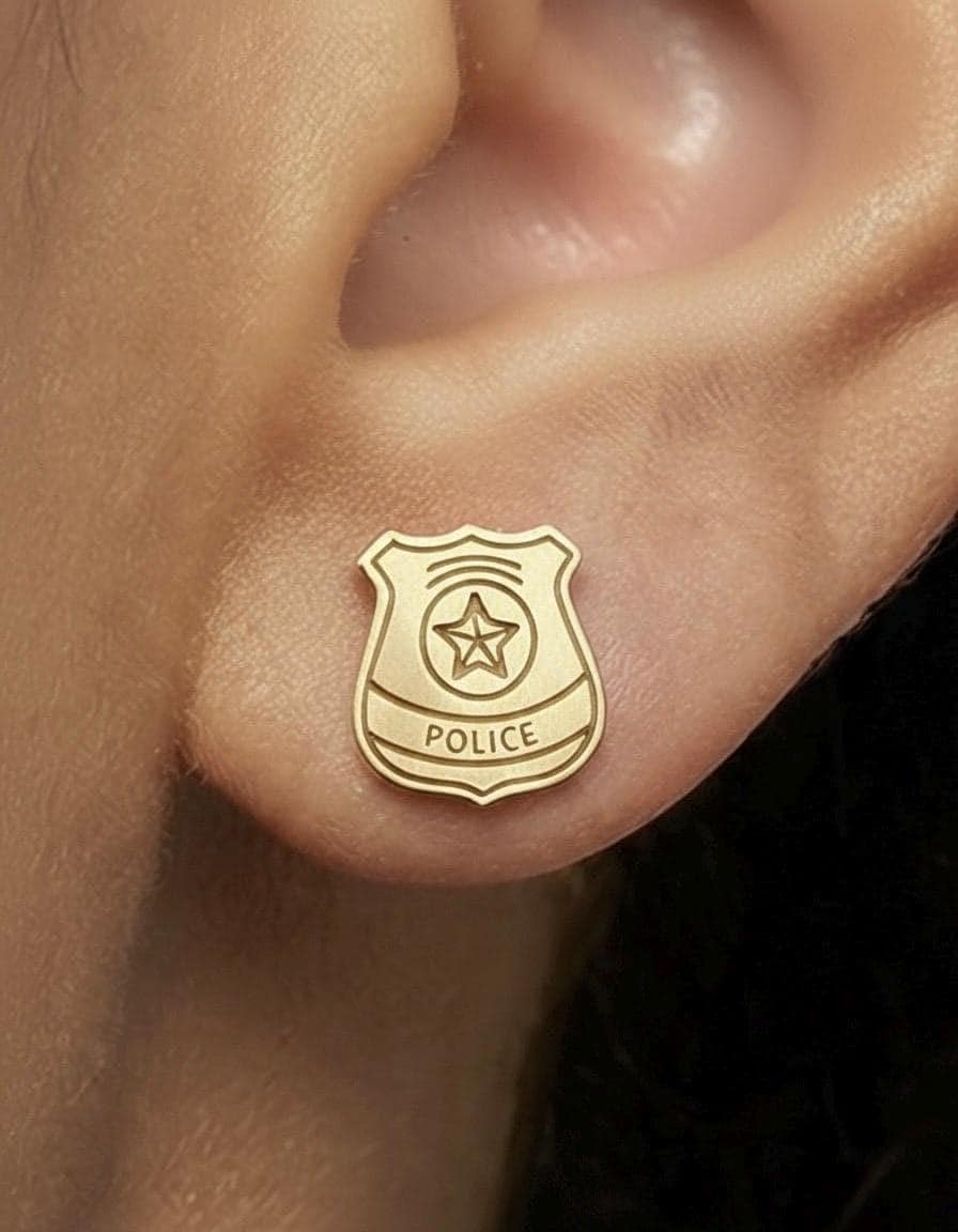 Pair of small gold police shield badge stud earrings
