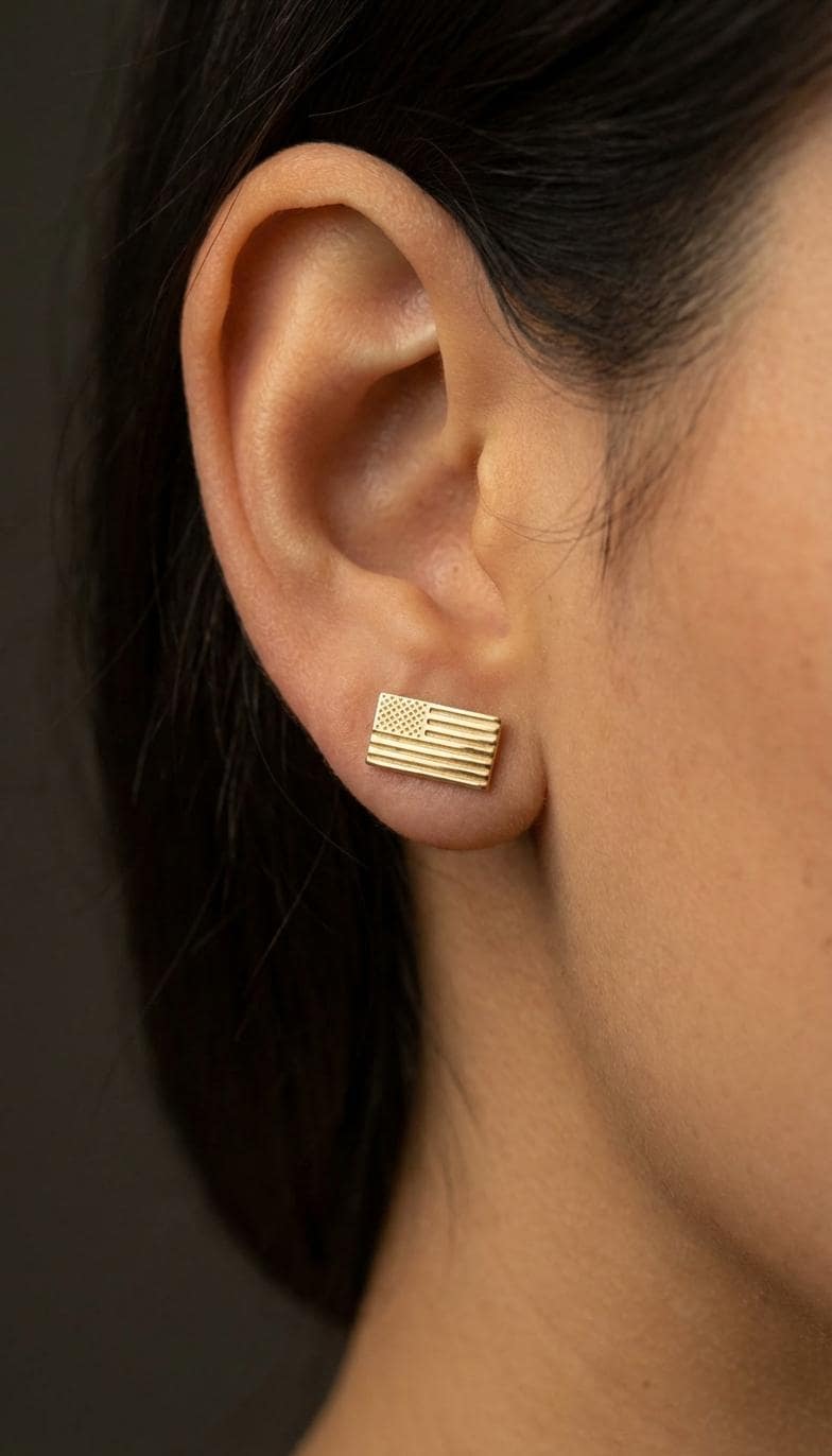 Pair of tiny gold American flag stud earrings with stars and stripes, on white (3 of 10)