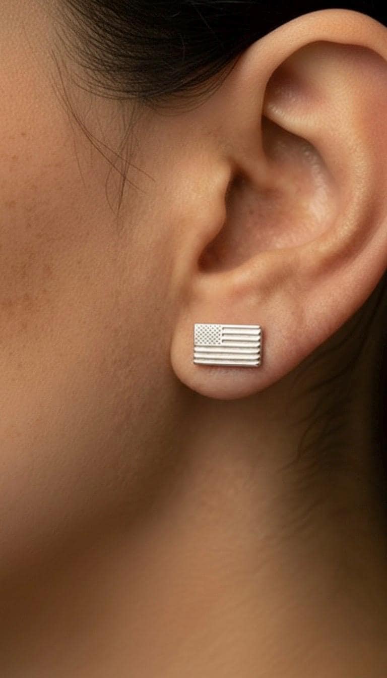 Pair of tiny gold American flag stud earrings with stars and stripes, on white (4 of 10)