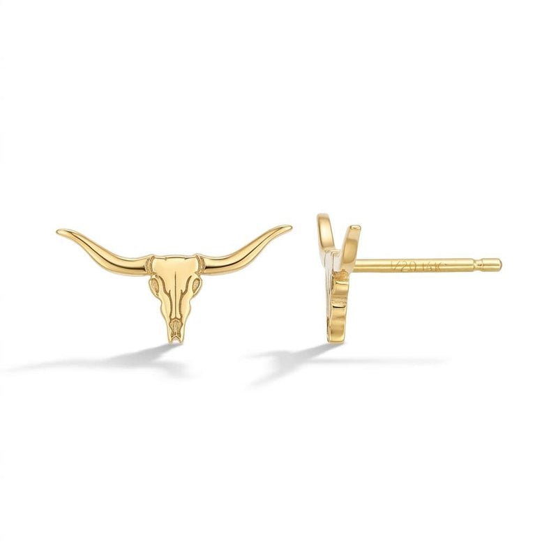 Pair of gold longhorn steer skull stud earrings with wide sweeping horns