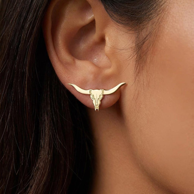 Pair of gold longhorn steer skull stud earrings with wide sweeping horns (2 of 10)
