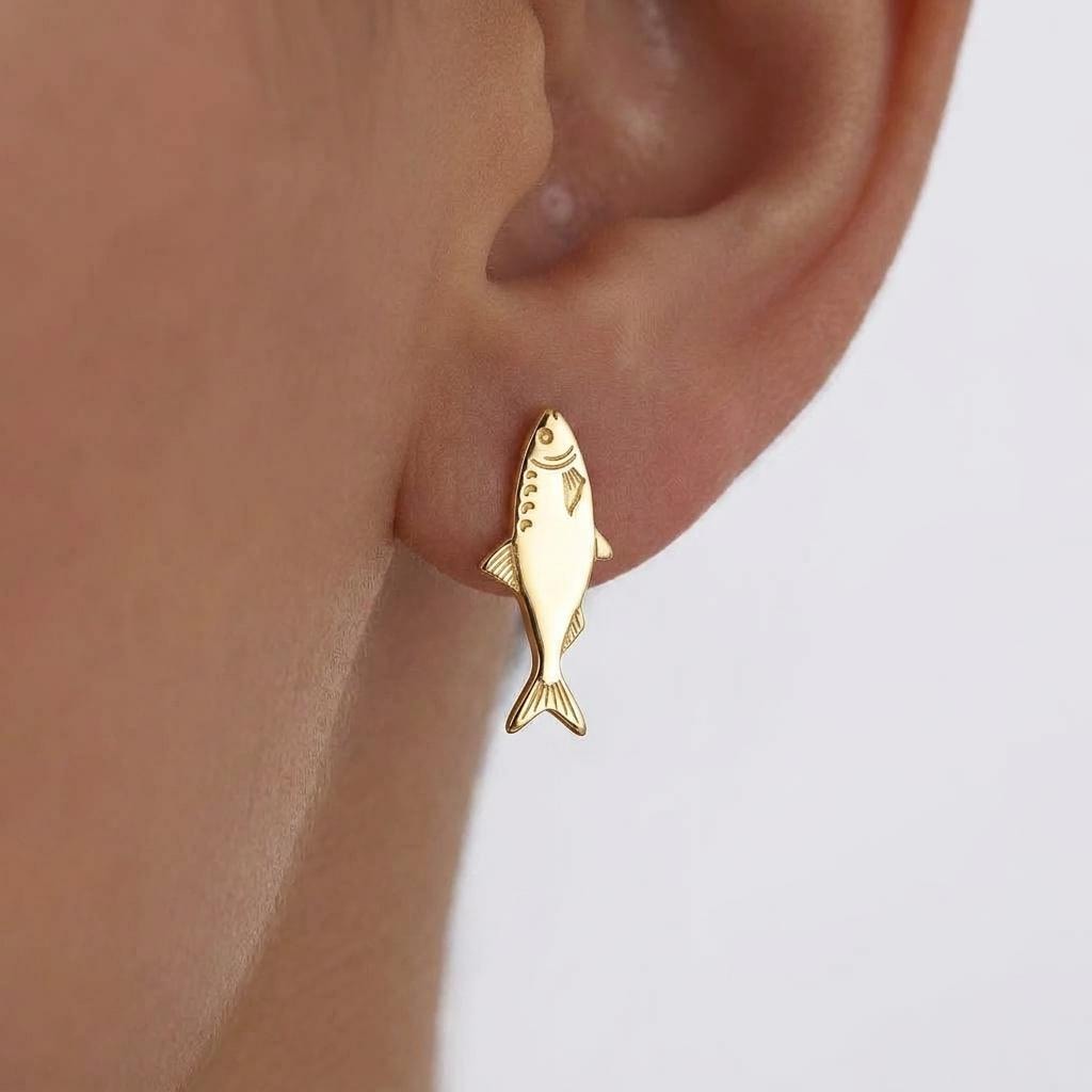 Pair of small gold sardine stud earrings with detailed scales and fins