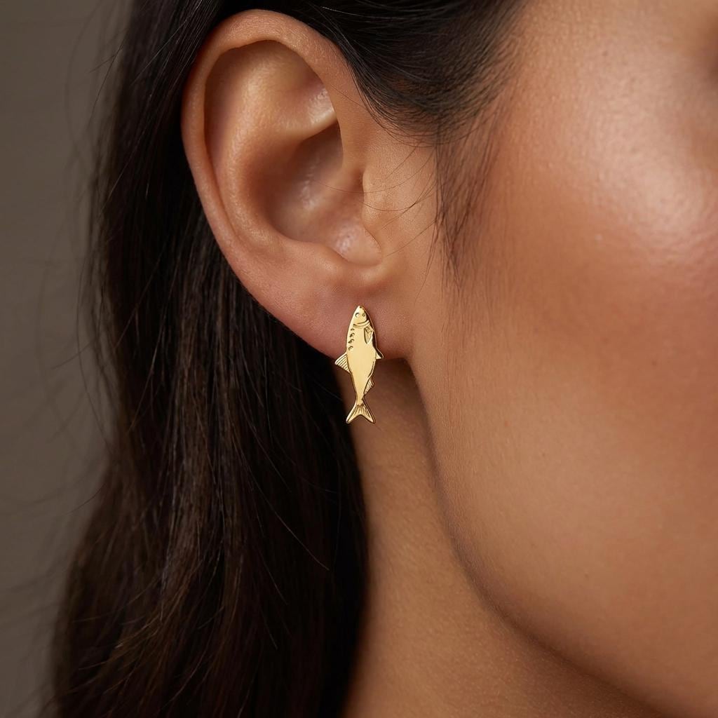 Pair of small gold sardine stud earrings with detailed scales and fins (2 of 9)