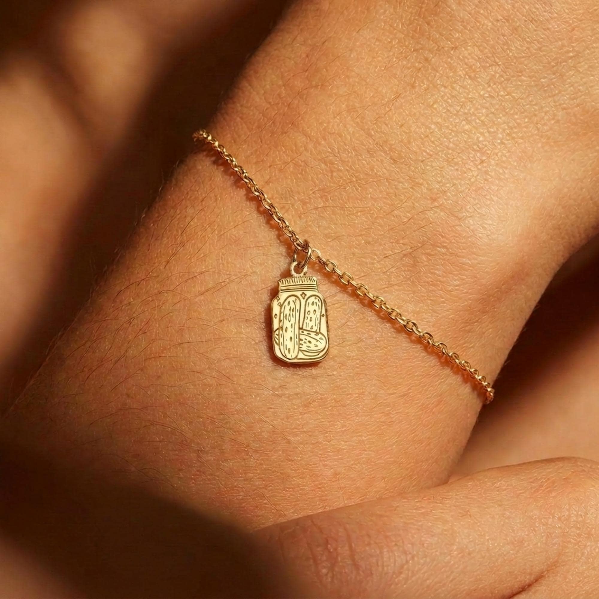 Tiny pickle jar charm on a delicate gold chain bracelet (2 of 8)