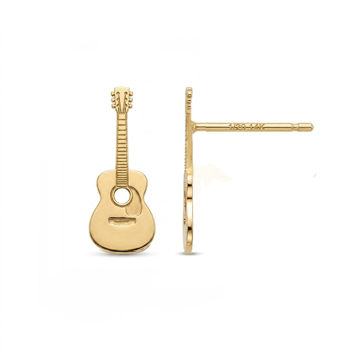 Pair of tiny gold acoustic guitar stud earrings with a slim body and neck