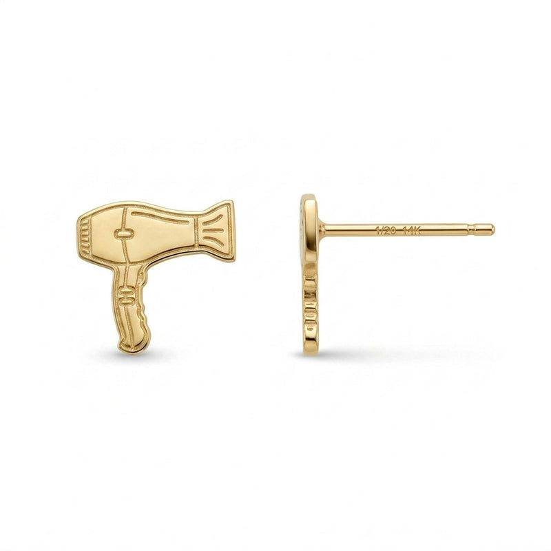 Pair of gold stud earrings shaped like a hair dryer with a curled cord
