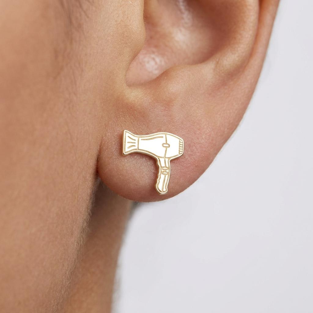 Pair of gold stud earrings shaped like a hair dryer with a curled cord (2 of 9)