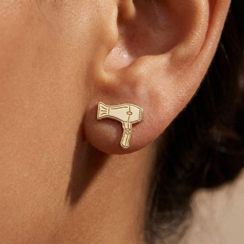 Pair of gold stud earrings shaped like a hair dryer with a curled cord (3 of 9)