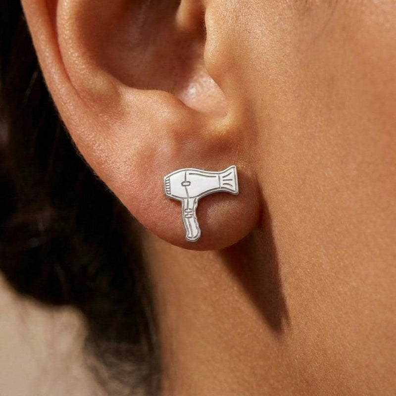 Pair of gold stud earrings shaped like a hair dryer with a curled cord (4 of 9)
