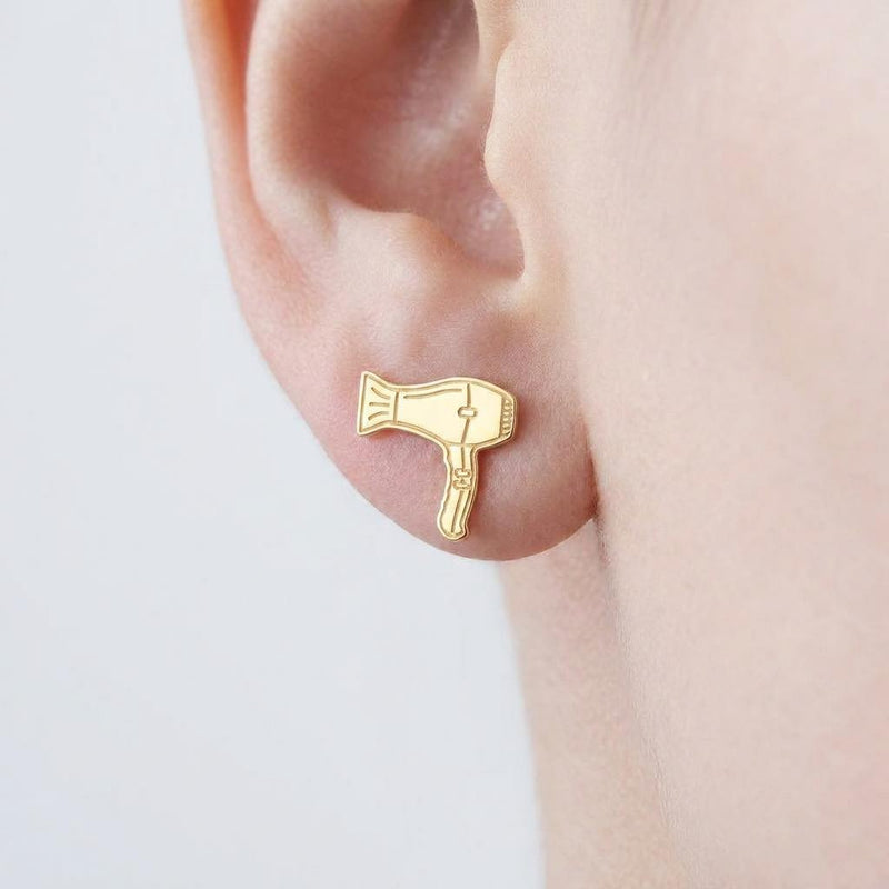 Pair of gold stud earrings shaped like a hair dryer with a curled cord (5 of 9)