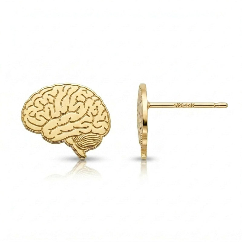 Pair of tiny gold anatomical brain stud earrings with folded surface detail
