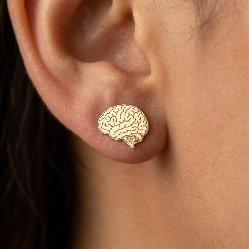 Pair of tiny gold anatomical brain stud earrings with folded surface detail (2 of 10)
