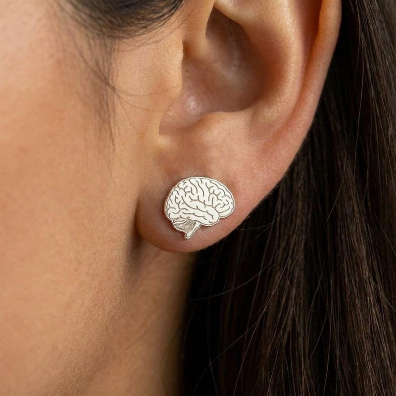 Pair of tiny gold anatomical brain stud earrings with folded surface detail (3 of 10)