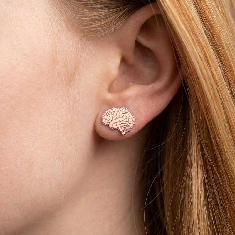 Pair of tiny gold anatomical brain stud earrings with folded surface detail (4 of 10)