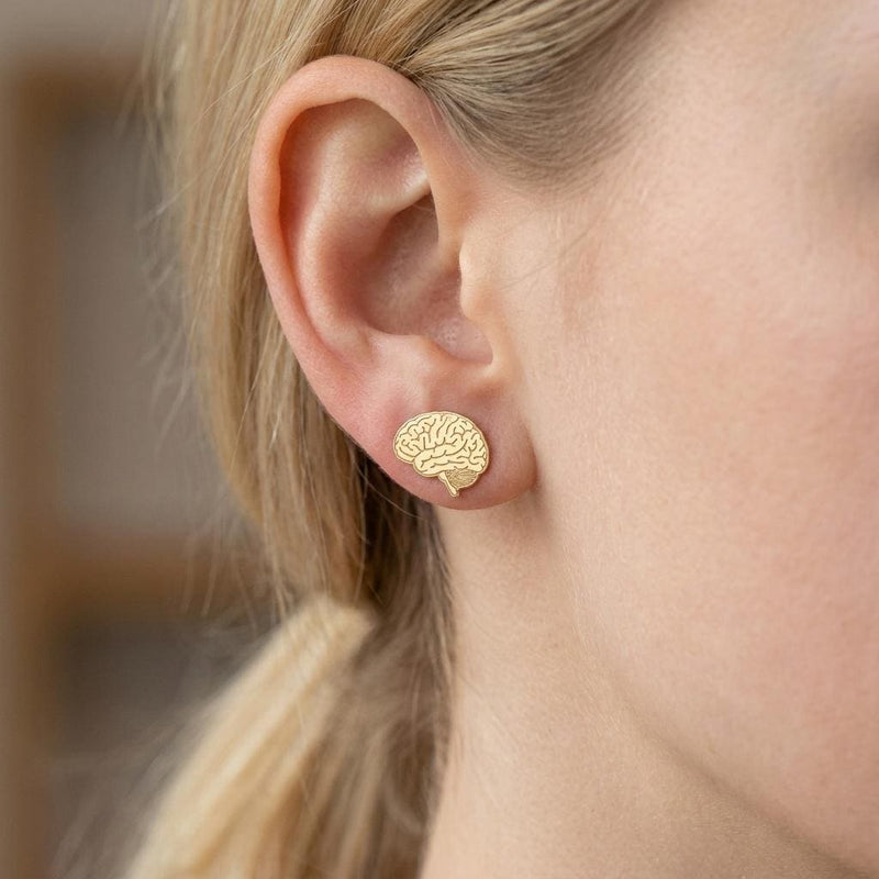 Pair of tiny gold anatomical brain stud earrings with folded surface detail (5 of 10)
