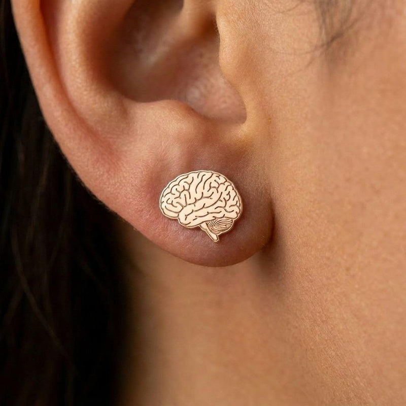 Pair of tiny gold anatomical brain stud earrings with folded surface detail (6 of 10)