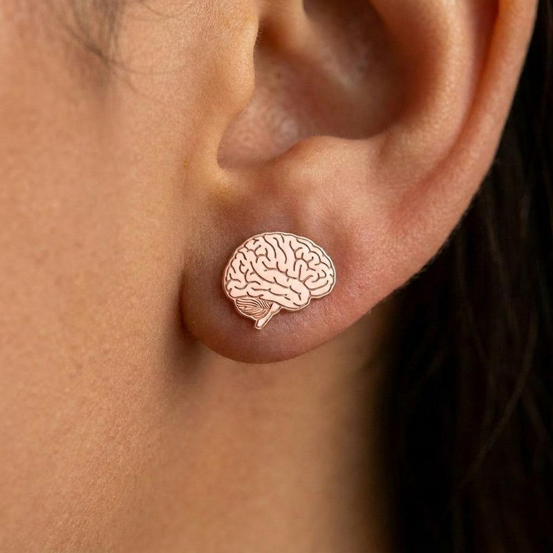 Pair of tiny gold anatomical brain stud earrings with folded surface detail (7 of 10)