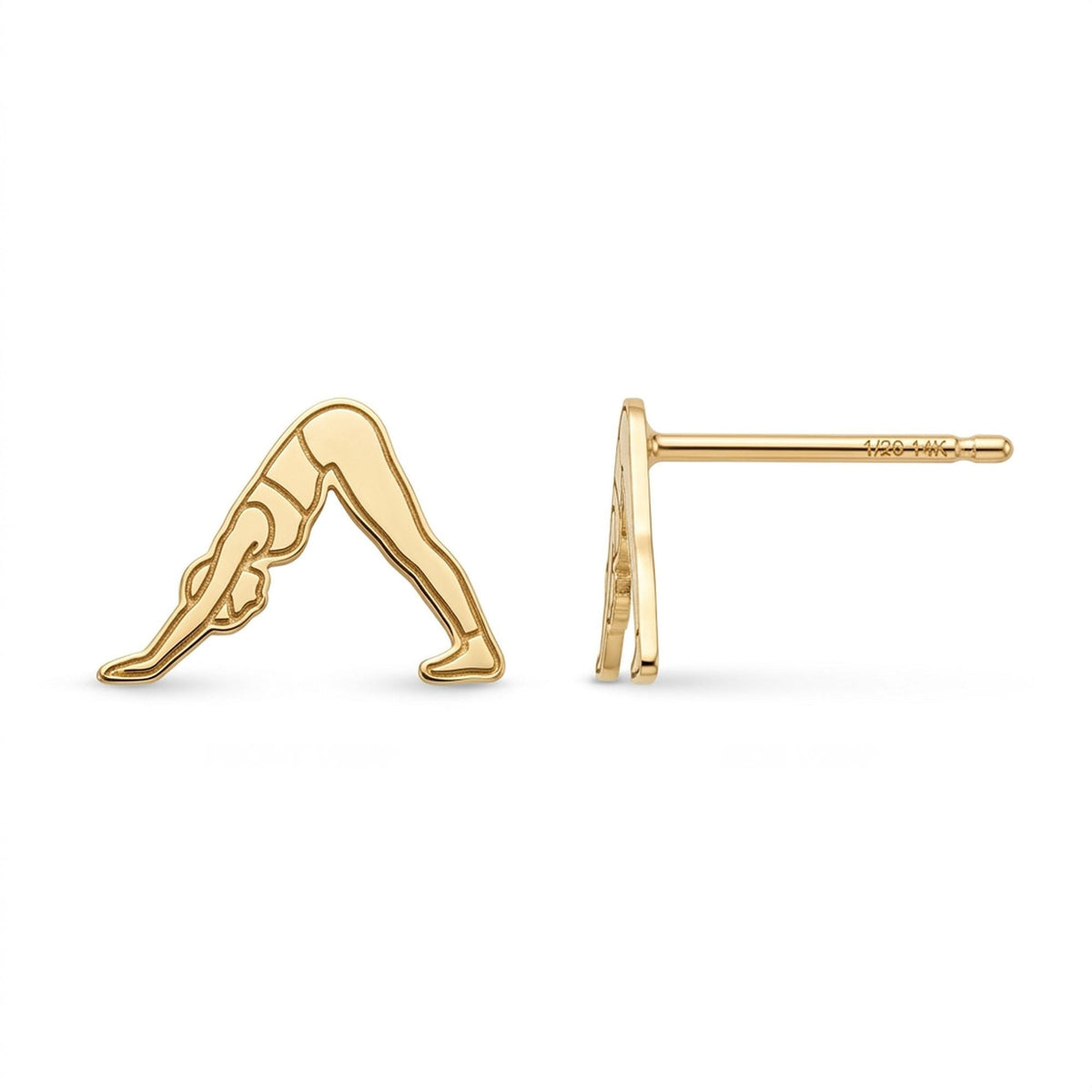 Pair of tiny gold stud earrings shaped like a figure in downward dog pose