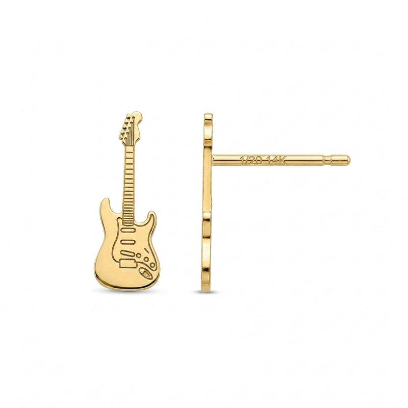 Pair of narrow gold electric guitar stud earrings shown upright.