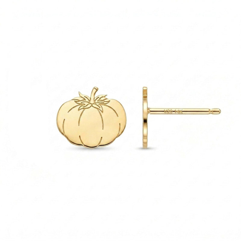 Pair of small gold tomato stud earrings with ribbed bodies and tiny stems