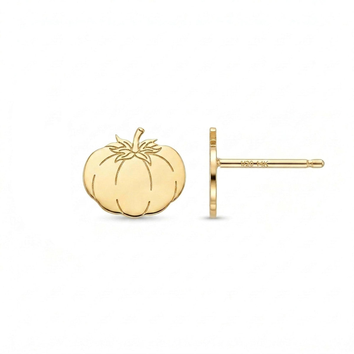Pair of small gold tomato stud earrings with ribbed bodies and tiny stems