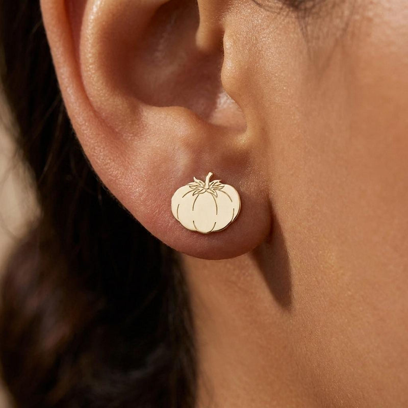 Pair of small gold tomato stud earrings with ribbed bodies and tiny stems (2 of 10)