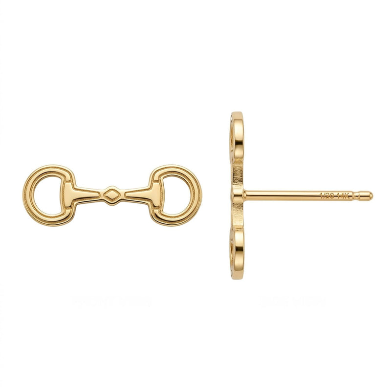 Pair of gold snaffle horse bit stud earrings with jointed mouthpiece and rings