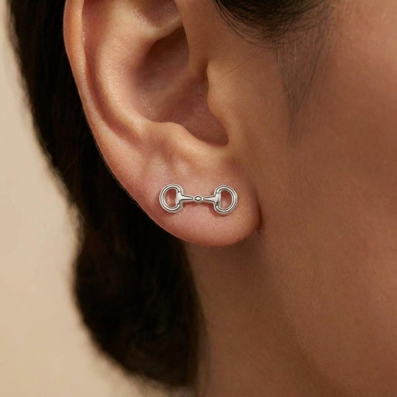 Pair of gold snaffle horse bit stud earrings with jointed mouthpiece and rings (3 of 9)