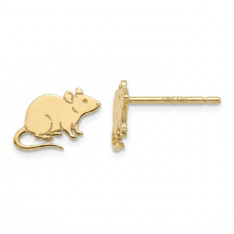 Pair of small gold rat stud earrings with round ears and long curved tails.