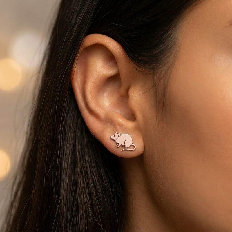 Pair of small gold rat stud earrings with round ears and long curved tails. (4 of 7)