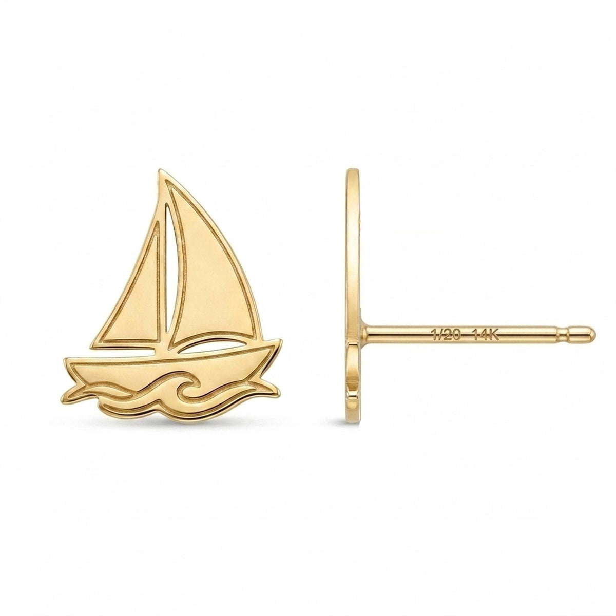 Pair of tiny gold sailboat stud earrings on a white background.