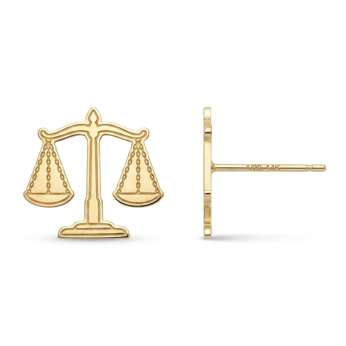 Pair of gold stud earrings shaped like balanced scales of justice