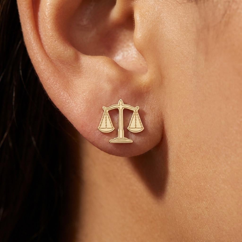 Pair of gold stud earrings shaped like balanced scales of justice (2 of 9)