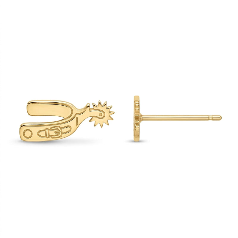 Pair of cowboy spur stud earrings in gold shown in profile with a rowel