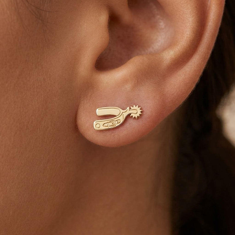 Pair of cowboy spur stud earrings in gold shown in profile with a rowel (3 of 10)