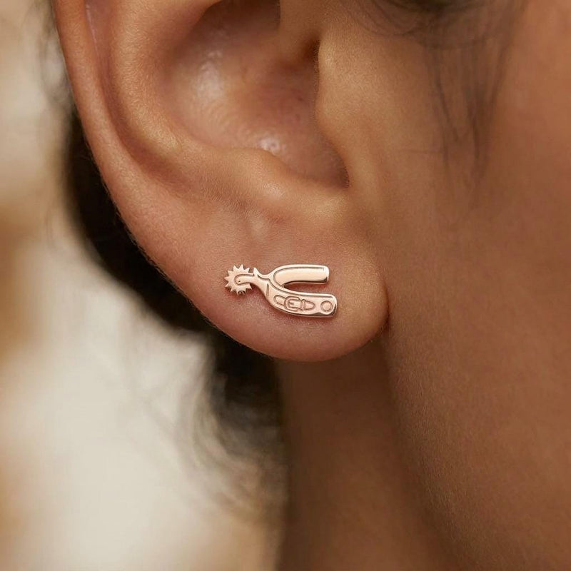 Pair of cowboy spur stud earrings in gold shown in profile with a rowel (5 of 10)
