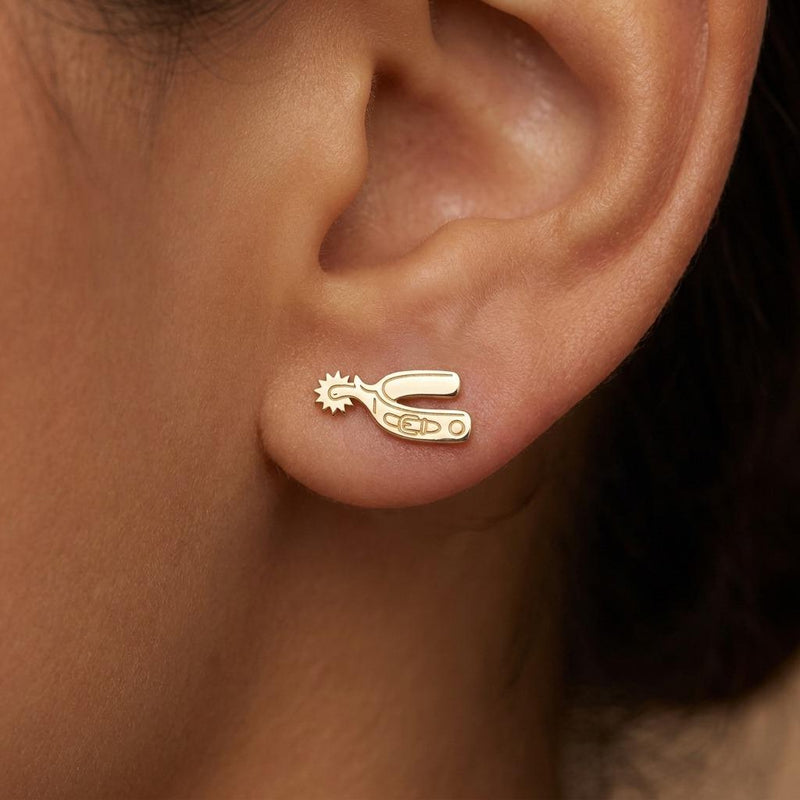 Pair of cowboy spur stud earrings in gold shown in profile with a rowel (6 of 10)