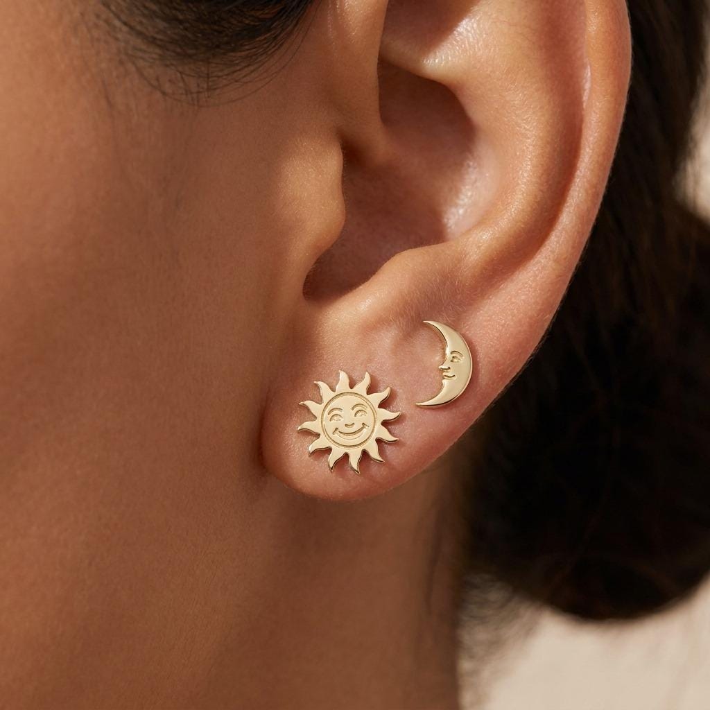 Mismatched gold sun and crescent moon stud earrings on posts (2 of 9)