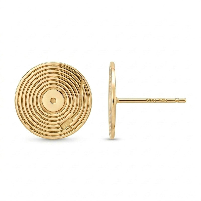 Pair of tiny gold vinyl record stud earrings with grooves and a center label