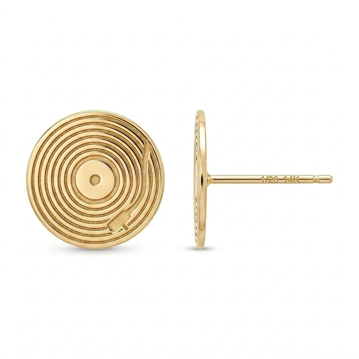 Pair of tiny gold vinyl record stud earrings with grooves and a center label