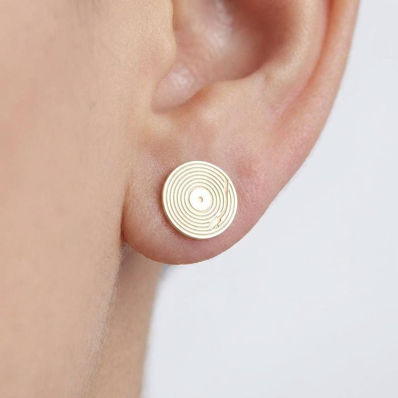 Pair of tiny gold vinyl record stud earrings with grooves and a center label (2 of 10)