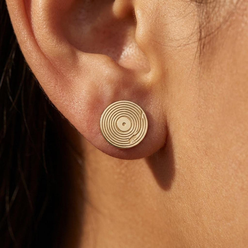 Pair of tiny gold vinyl record stud earrings with grooves and a center label (3 of 10)