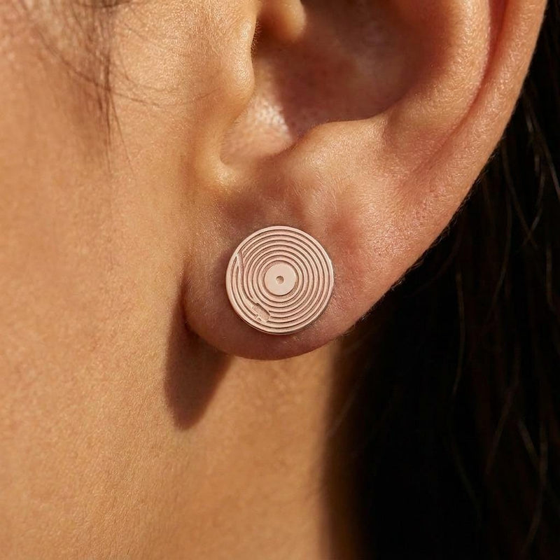 Pair of tiny gold vinyl record stud earrings with grooves and a center label (6 of 10)