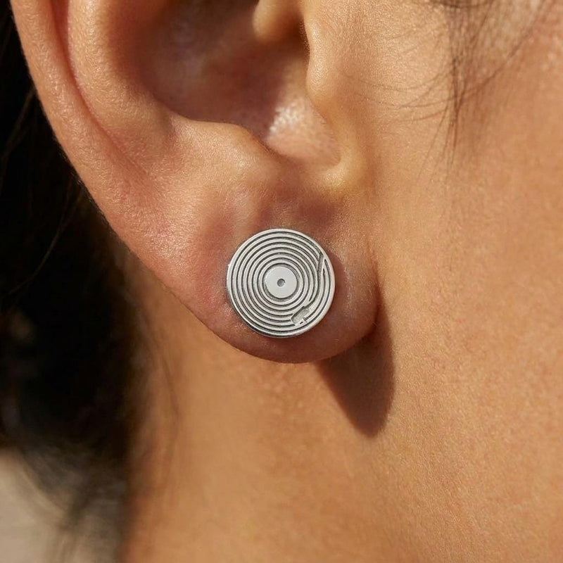 Pair of tiny gold vinyl record stud earrings with grooves and a center label (7 of 10)